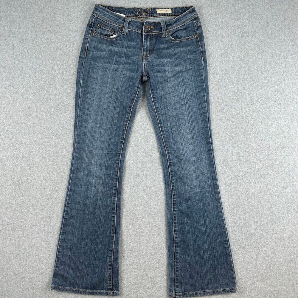 C7P Denim Women's 3 Laguna Beach Flare Jeans Blue Medium Wash Embroidered Low‎